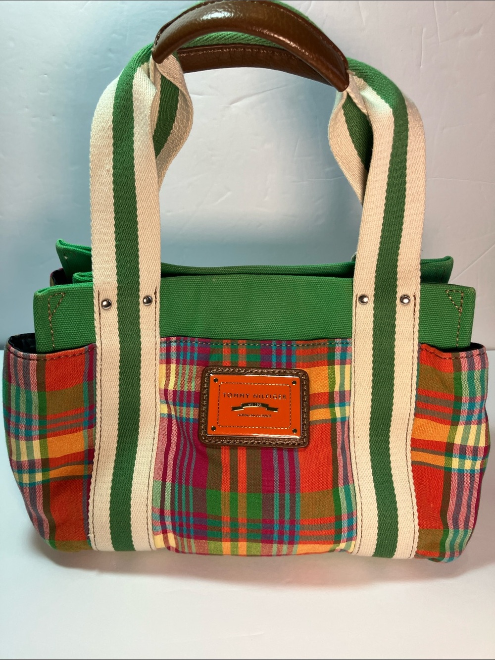 Tommy Hilfiger Madras Striped-Handle Plaid Small Canvas Tote